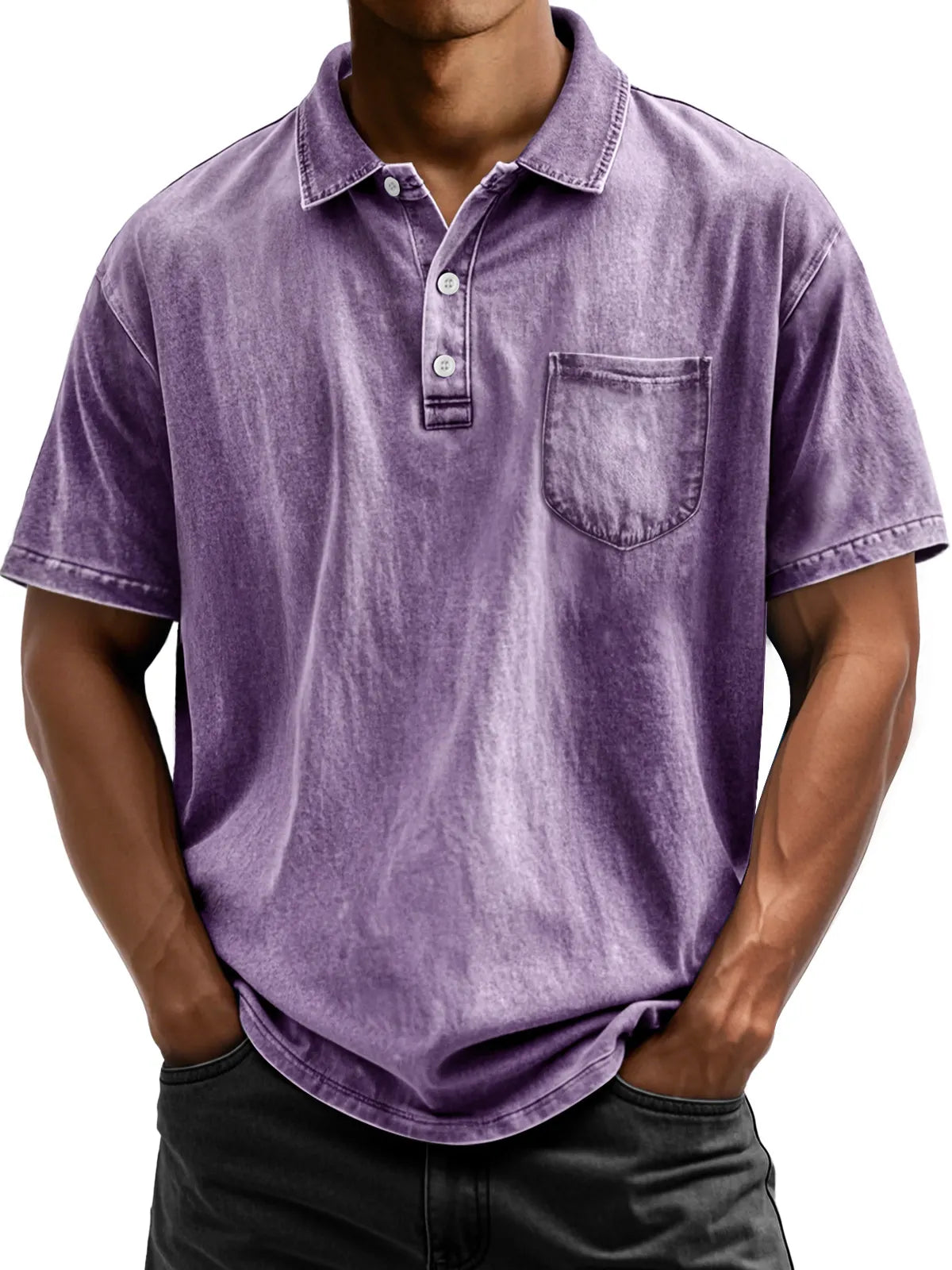 Men's Vintage Cotton Washed Distressed Lapel Pocket Short Sleeve POLO Shirt