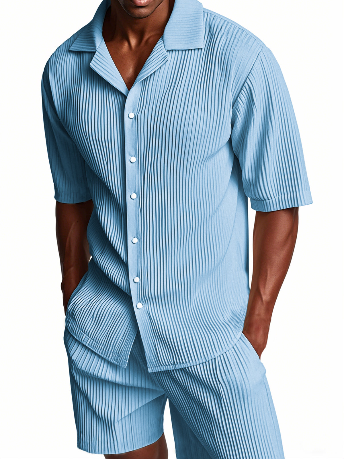 Men's Pleated Texture Suit Cuban Collar Casual Striped Fabric Short Sleeve Shirt Shorts Casual Two-piece Suit