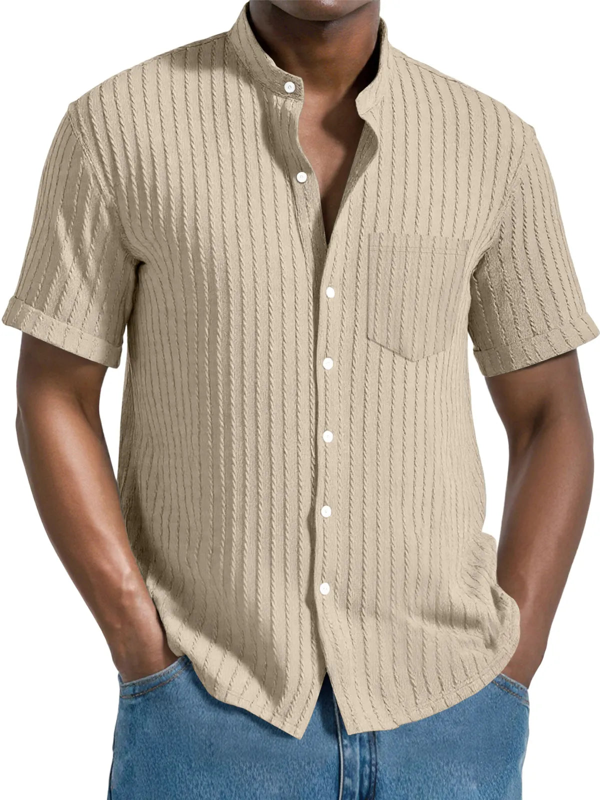 Men's Daily Jacquard Texture Stand Collar Button Casual Short Sleeve Shirt