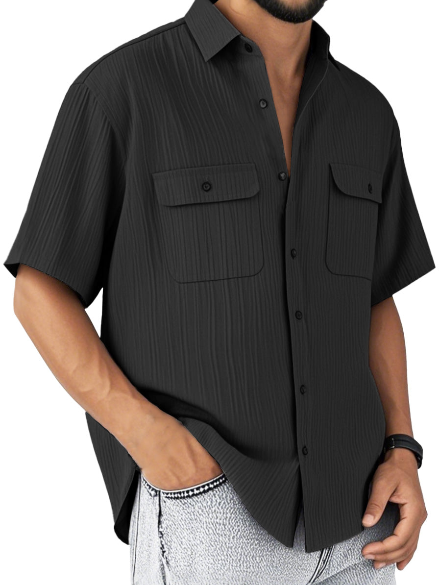 Men's Fashion Retro Double Pocket Lapel Short Sleeve Shirt