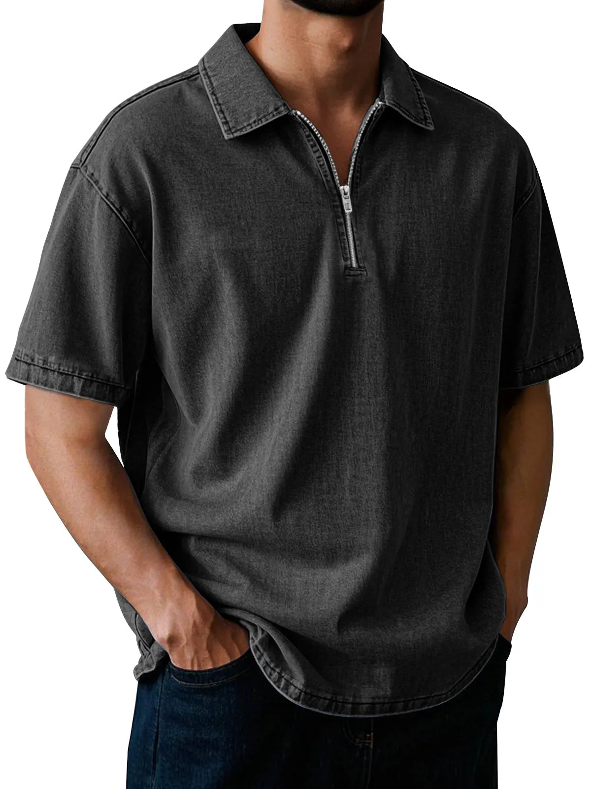 Men's Casual Retro Lapel Zipper Solid Color Short Sleeve POLO Shirt
