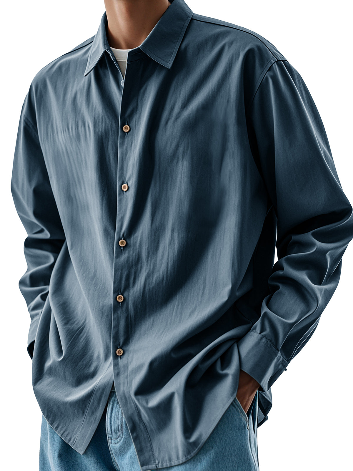 Men's Fashion Retro Pleated Fabric Lapel Long-sleeved Shirt