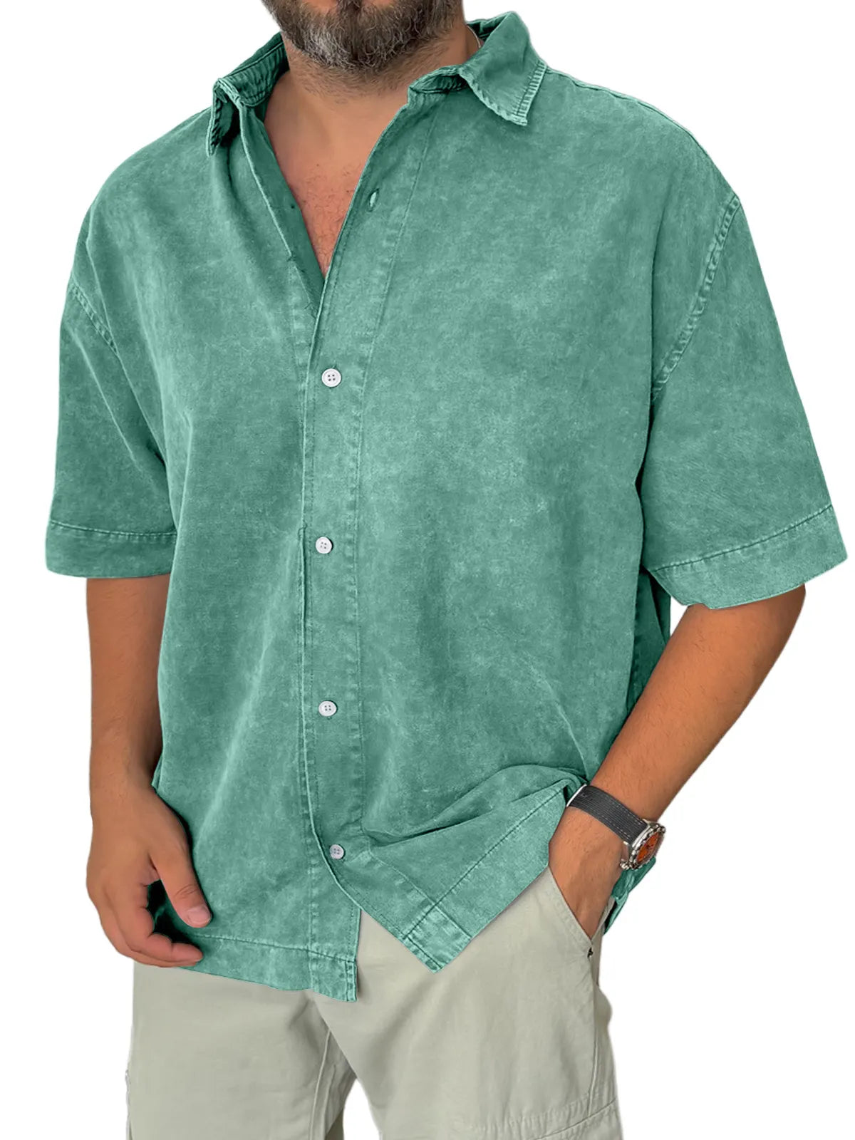 Men's Retro Everyday Casual Lapel Solid Color Short Sleeve Shirt