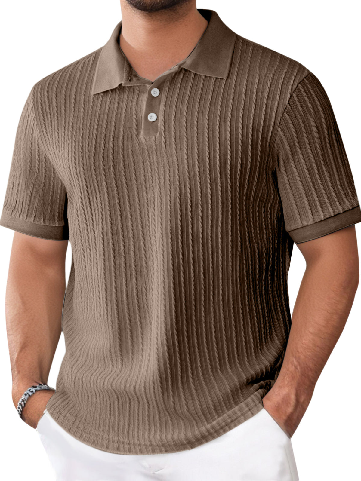 Men's Daily Solid Color Texture Short-sleeved Button-down Polo Shirt