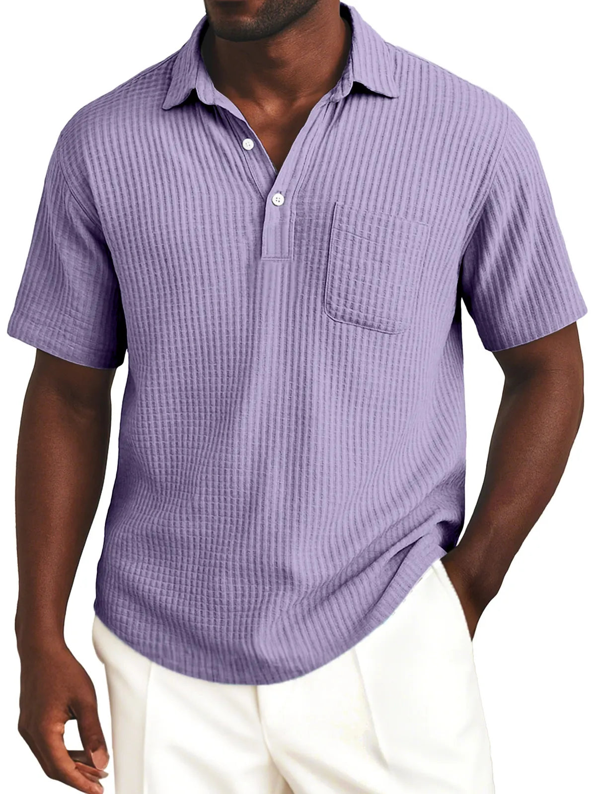 Men's Simple Everyday Solid Color Waffle Lapel Button-up Polo Shirt