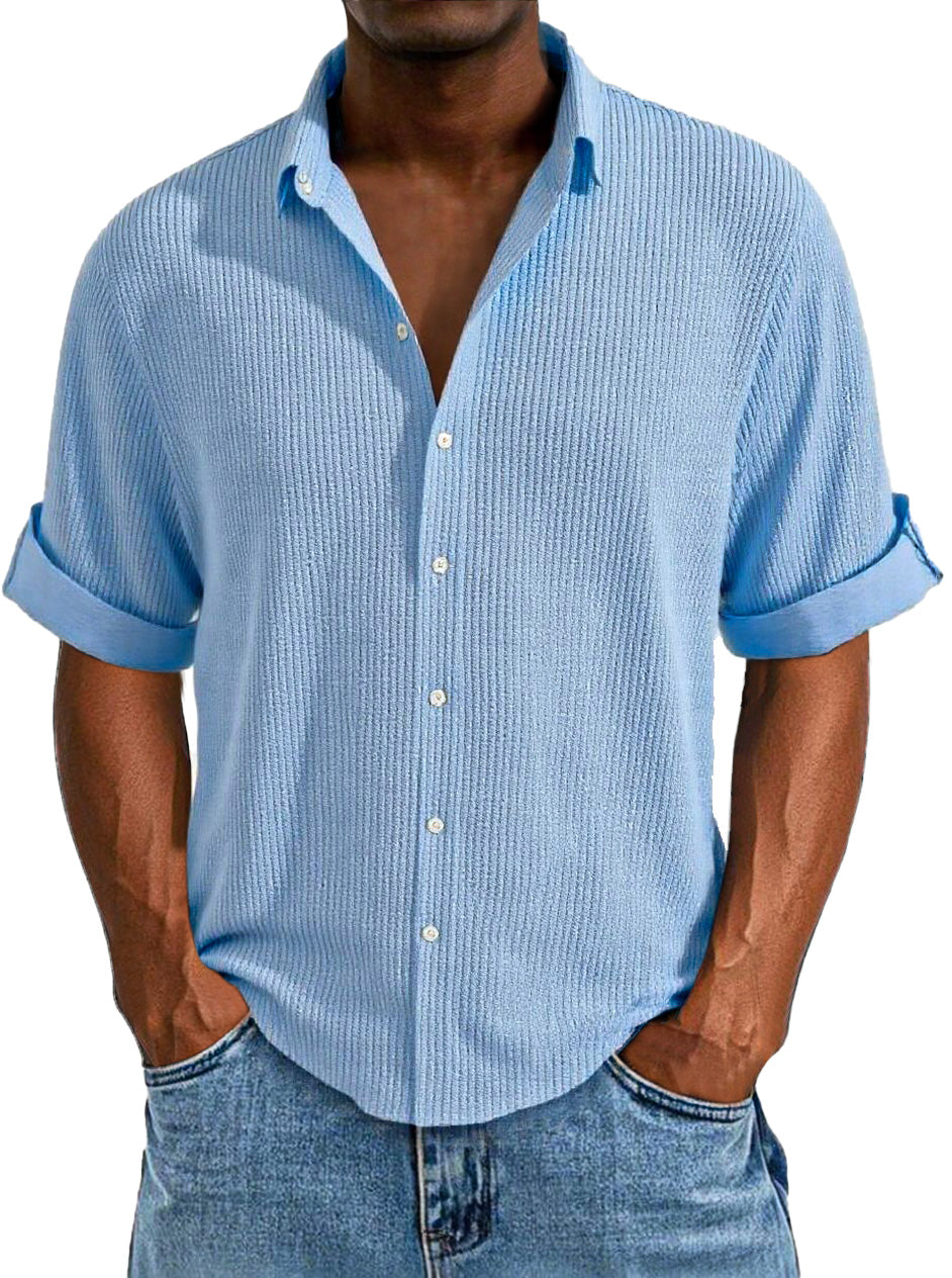 Men's Casual Loose Simple Texture Solid Color Button Short-sleeved Shirt