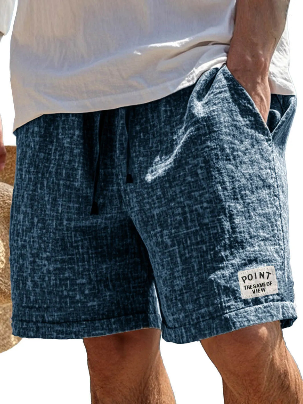 Men's Fashion Casual Hemp Fabric Pocket Embroidered Logo Shorts