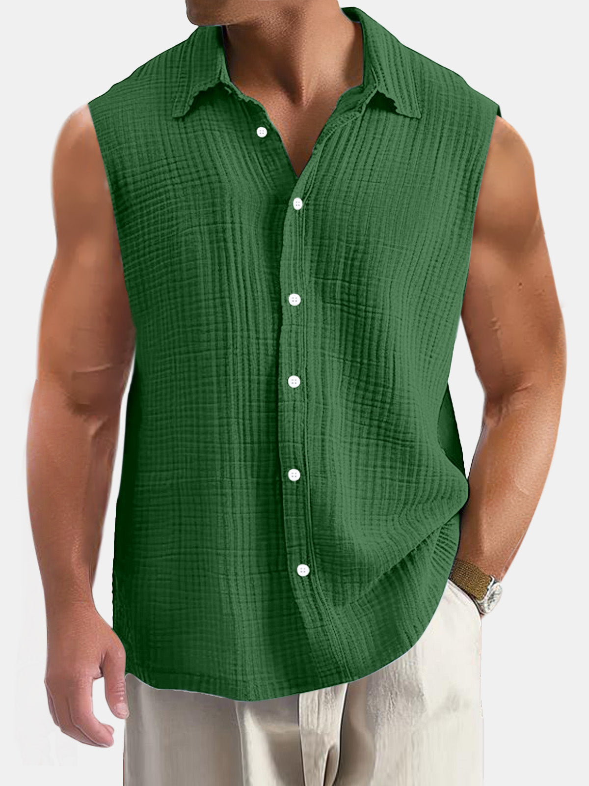 Men's Summer Casual Simple Puff Wrinkle Sleeveless Shirt