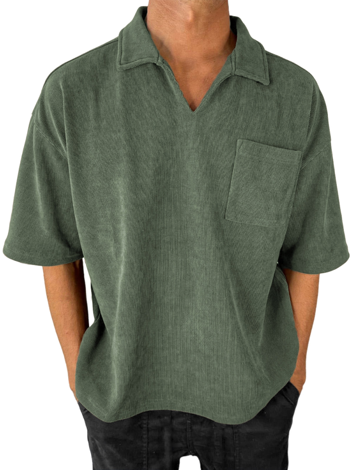 Men's Stylish V-Neck Ribbed Corduroy Casual POLO Shirt With Chest Pocket