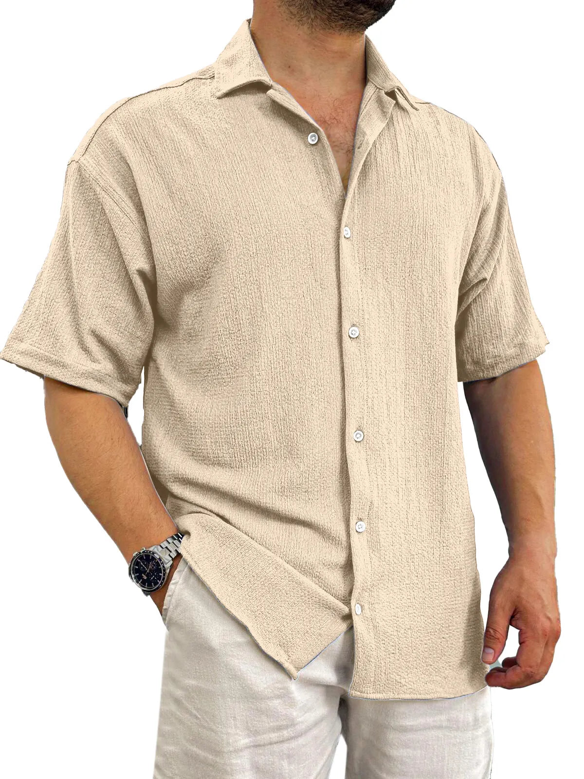 Men's Casual Daily Solid Color Texture Solid Color Short-sleeved Shirt