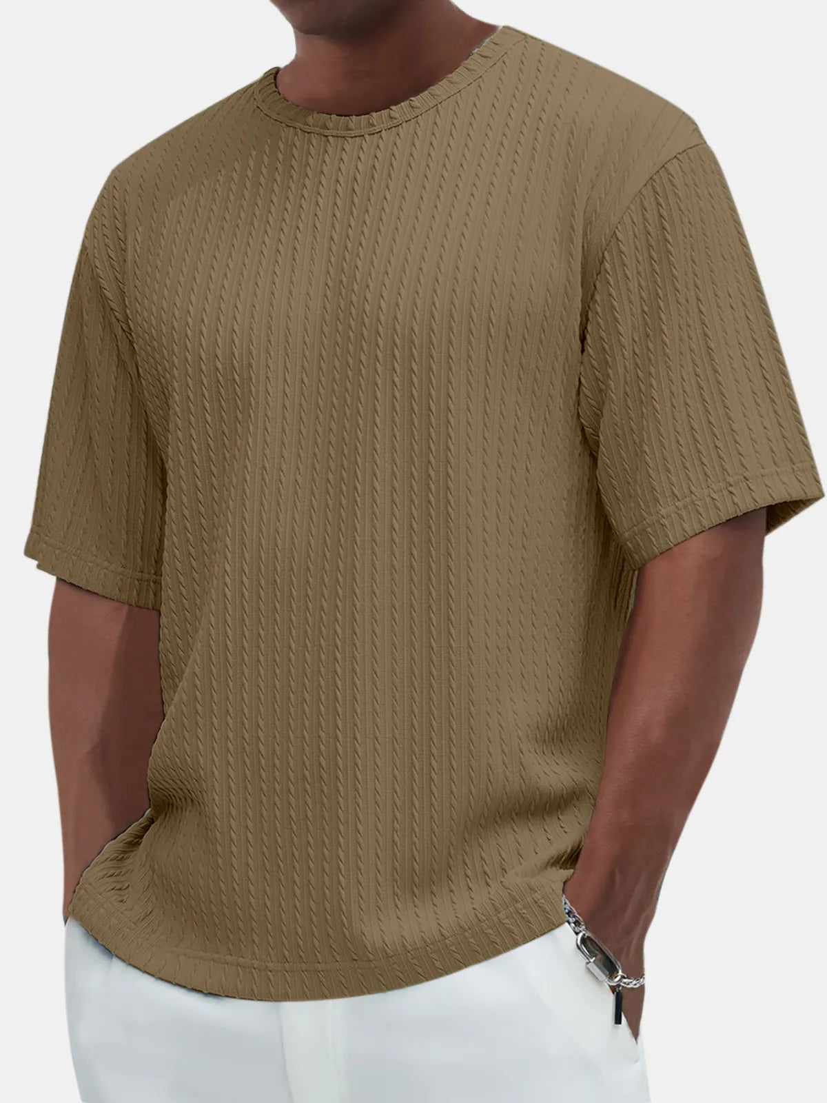 Men's Casual Solid Color Comfortable Daily Jacquard Texture Short-sleeved T-shirt