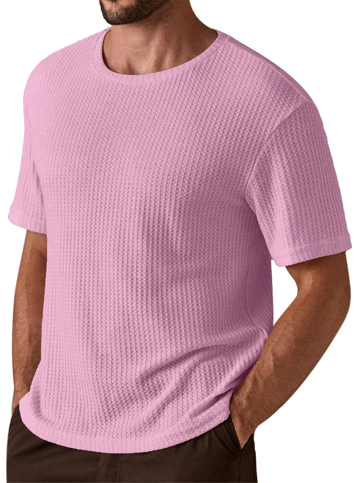 Men's Simple And Comfortable Solid Color Waffle Texture Round Neck Short-sleeved T-shirt