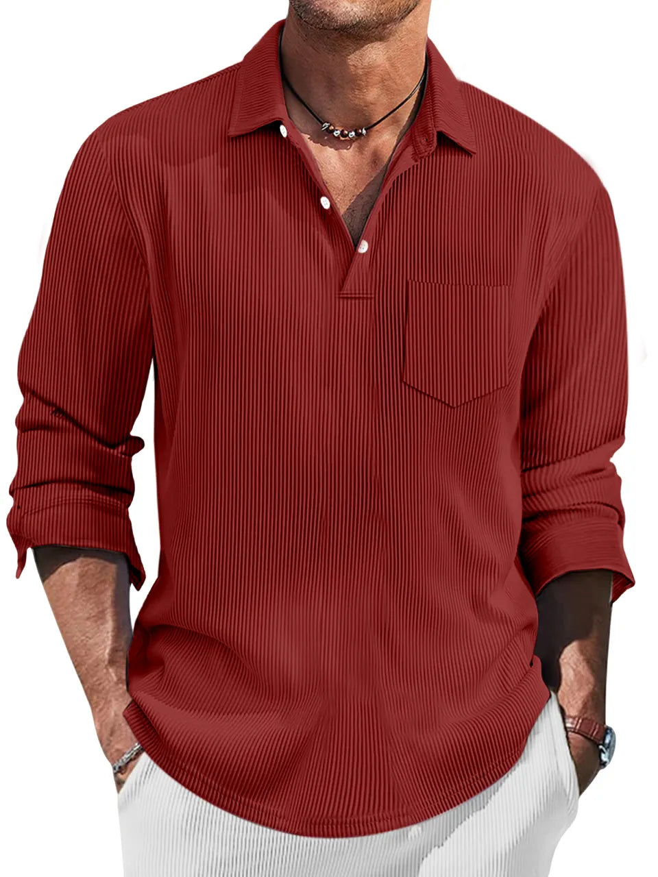 Men's Simple Solid Color Pit Lapel Button-up Polo Shirt