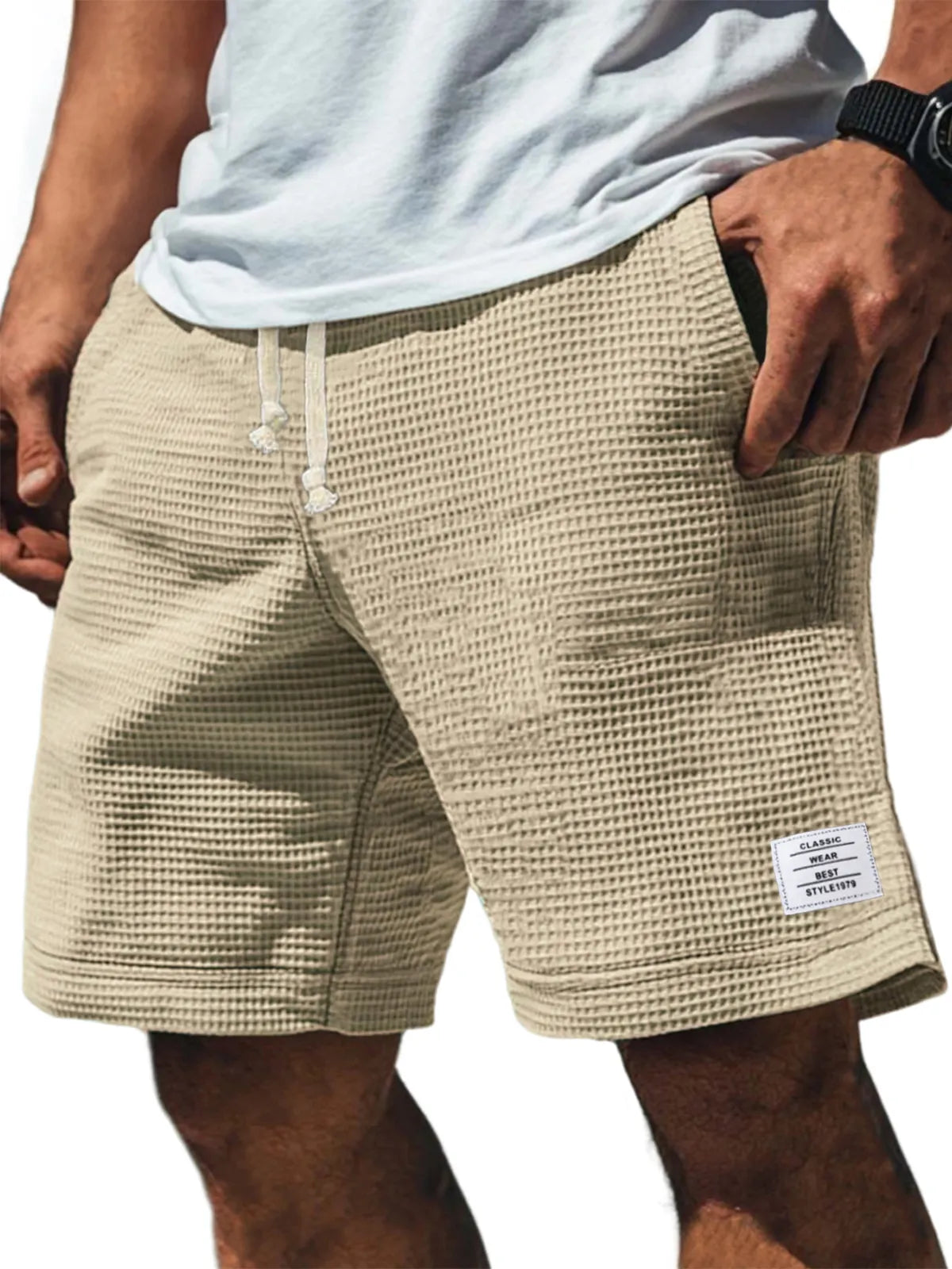 Men's Soft Waffle Simple Embroidered Logo Stylish Lace Up Everyday Casual Shorts