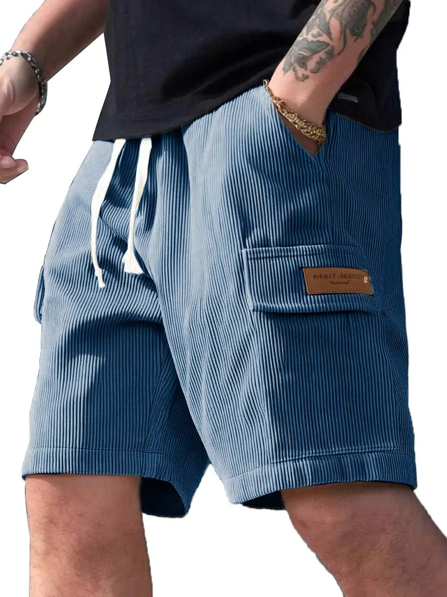 Men's Fashion Retro Workwear Pocket Ribbed Embroidered Logo Shorts