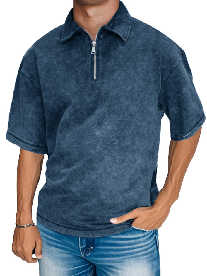 Men's Fashion Retro Distressed Short Sleeve Lapel Zipper Polo Shirt