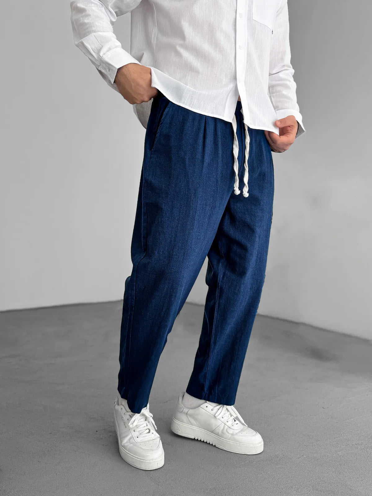 Men's Fashion Casual Hemp Fabric Elastic Drawstring Pocket Trousers