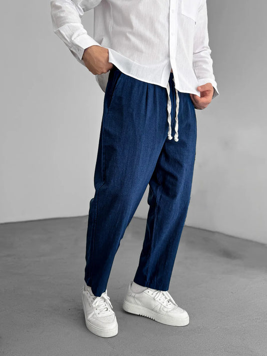 Men's Fashion Casual Hemp Fabric Elastic Drawstring Pocket Trousers