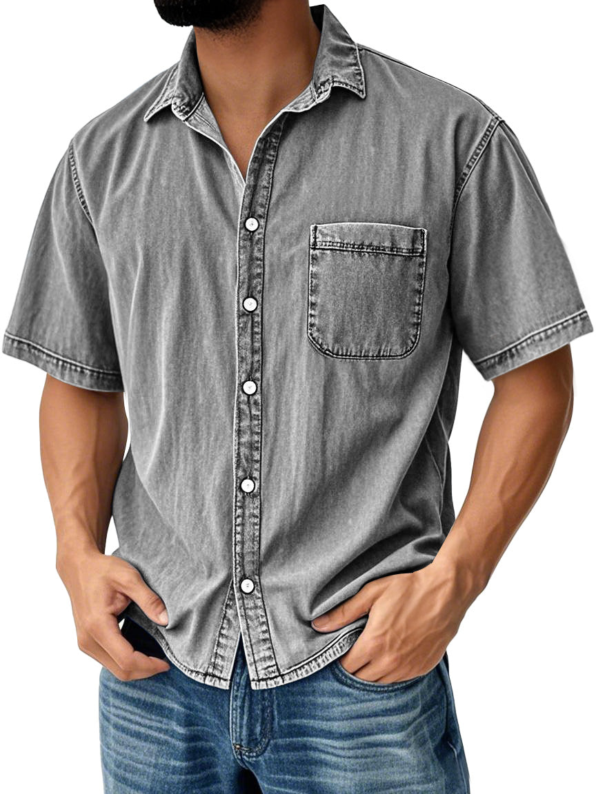Men's Retro Casual Lapel Pocket Solid Color Short Sleeve Shirt