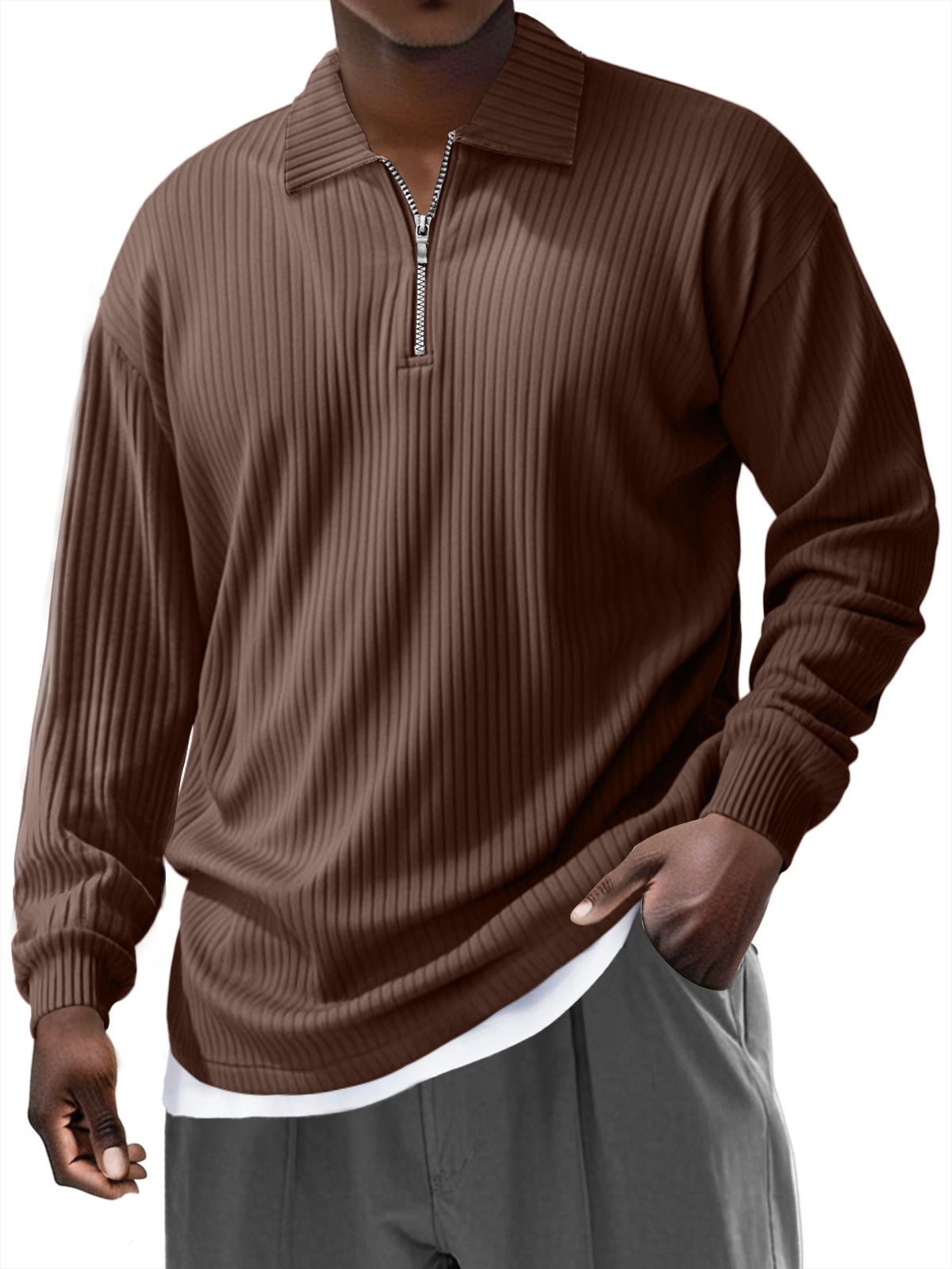 Men's Pit Zipper Lapel Solid Color Long-sleeved Polo Shirt