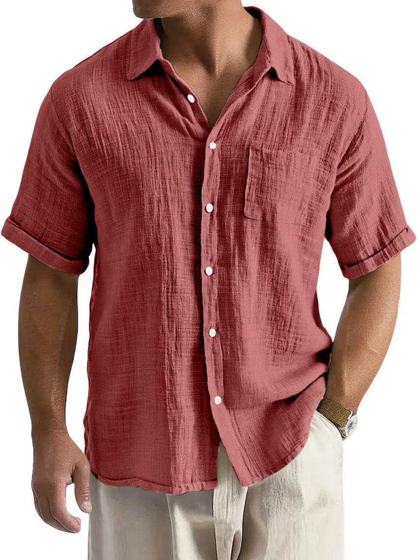 Men's Daily Casual Loose And Comfortable Imitation Linen Lapel Short-sleeved Button-down Shirt