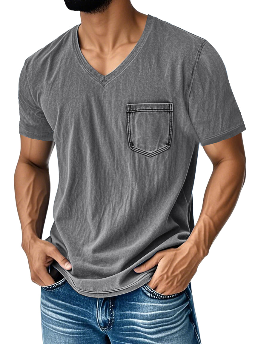 Men's Washed And Distressed Retro V-neck Pocket Casual Short-sleeved T-shirt