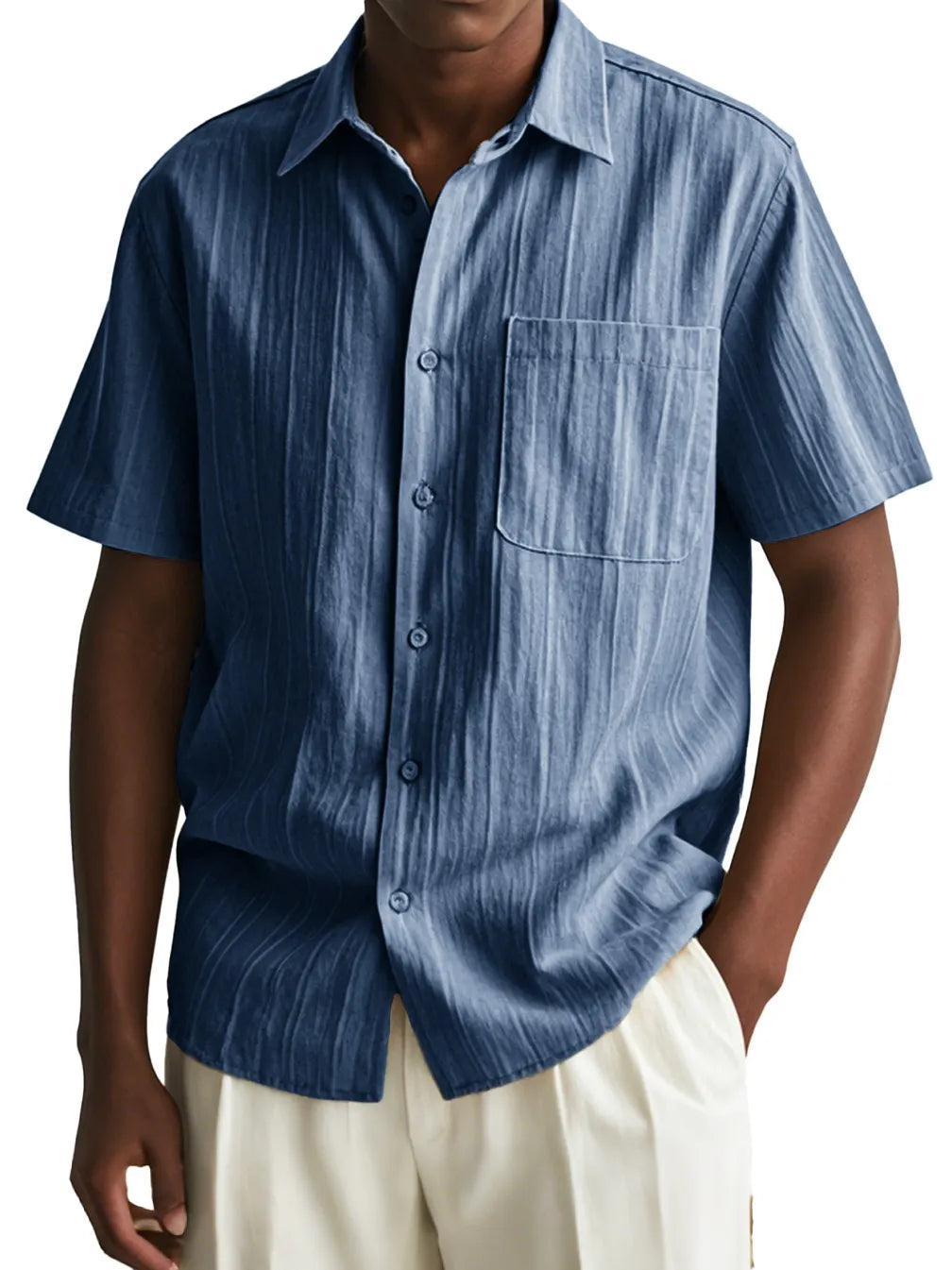 Men's Fashion Casual Pleated Fabric Short Sleeve Pocket Shirt