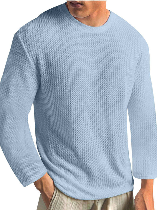 Men's Knitted Waffle Fabric Solid Color Basic Casual Base Outer Wear Long-sleeved T-shirt