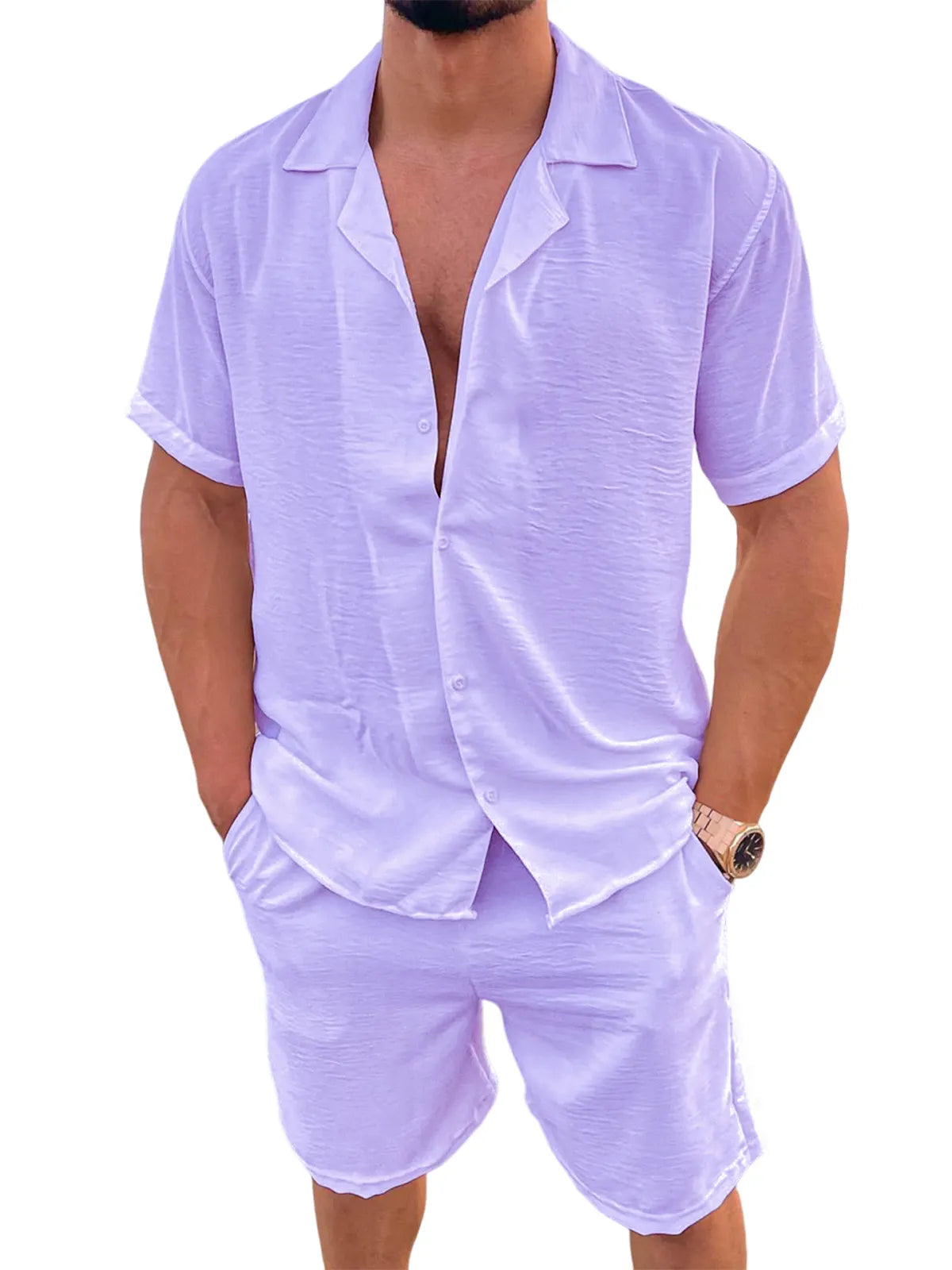 Men's Linen Camp Set Vacation Leisure Short Sleeve and Shorts Two-piece Suit