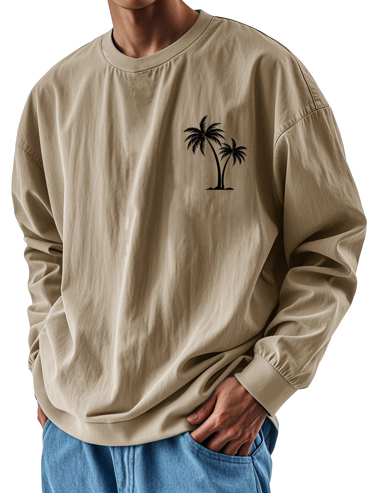 Men's Fashion Casual Round Neck Coconut Tree Print Long Sleeve T-shirt