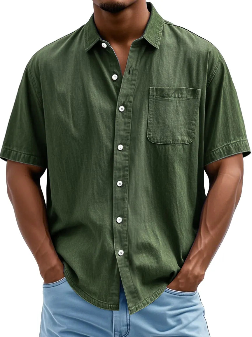 Men's Fashion Casual Lapel Pocket Solid Color Short Shirt
