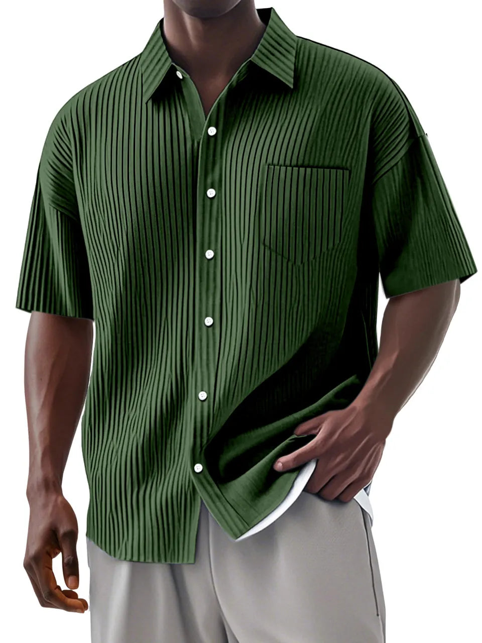 Men's Daily Casual And Comfortable Vertical Striped Solid Color Lapel Short-sleeved Shirt