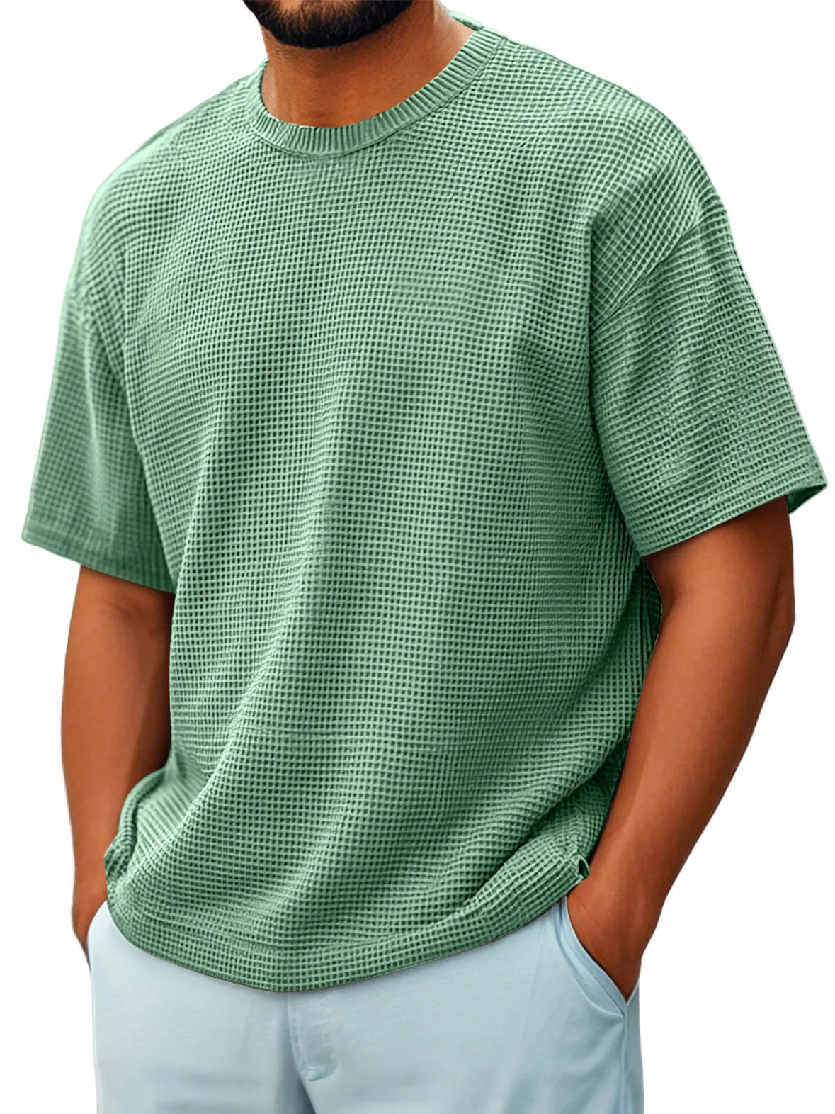 Men's Round Neck Waffle Casual Short-sleeved T-shir