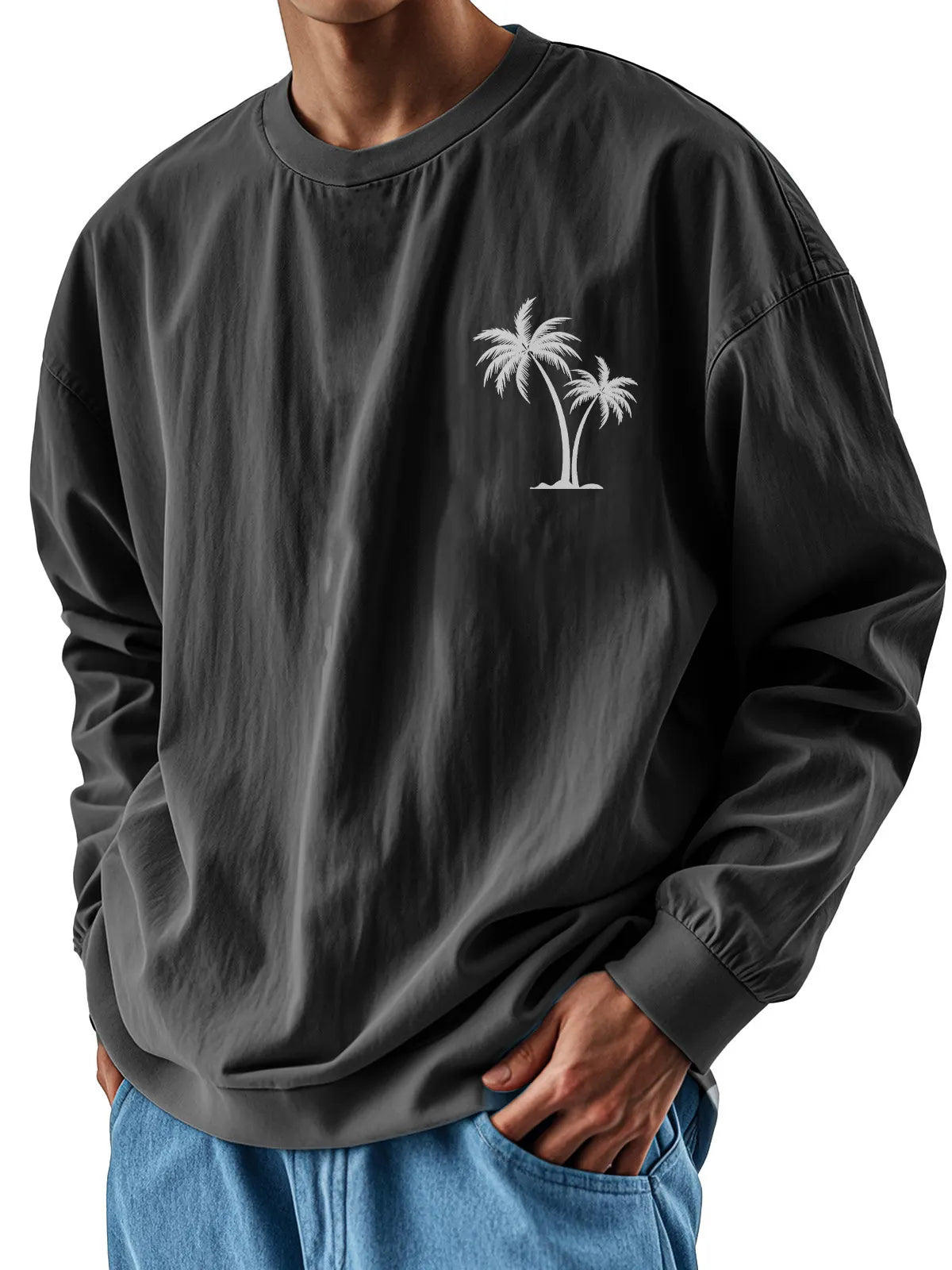 Men's Fashion Casual Round Neck Coconut Tree Print Long Sleeve T-shirt