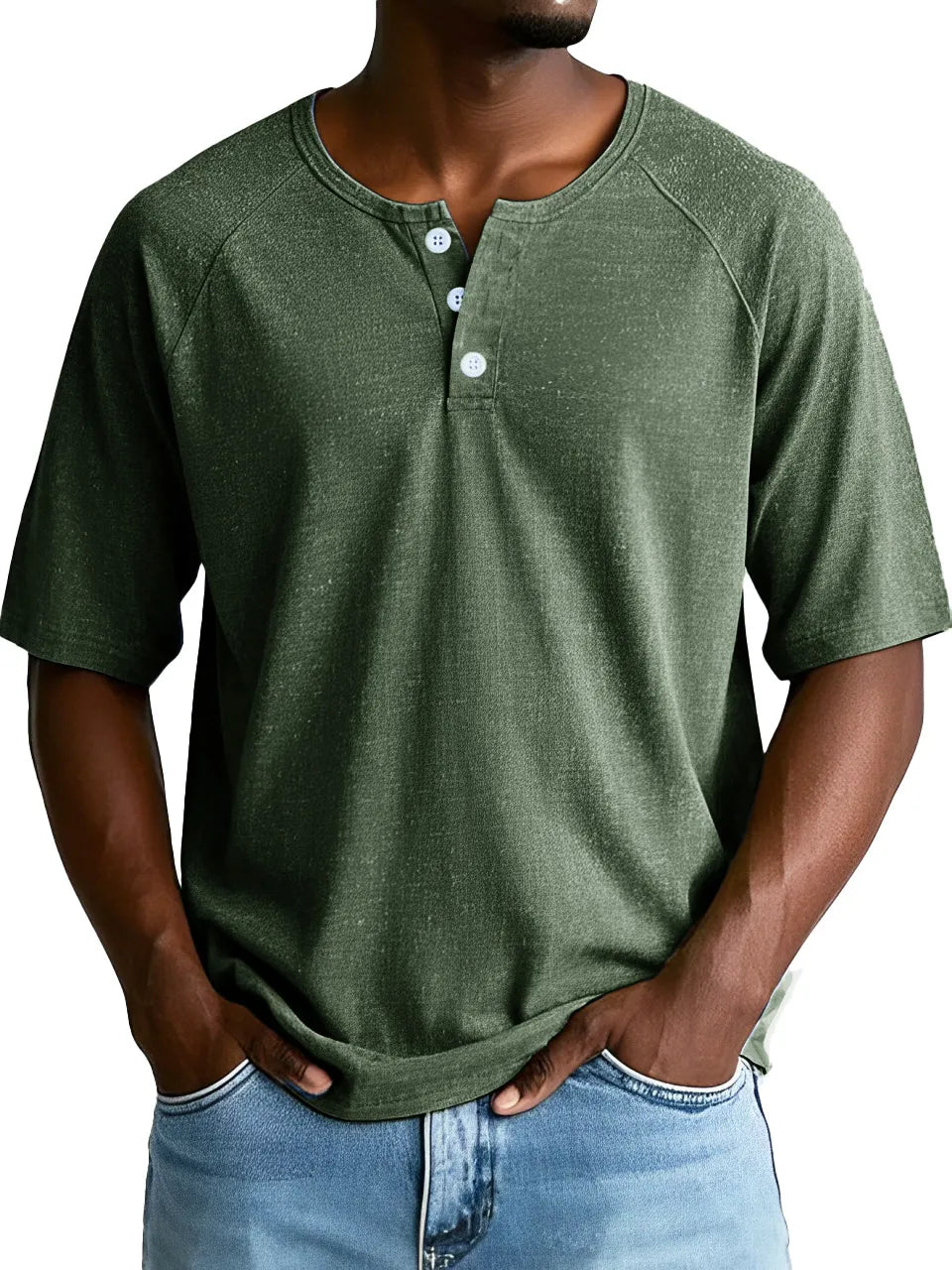 Men's Fashion Retro Sports Raglan Short Sleeve Button-Down Henley Shirt