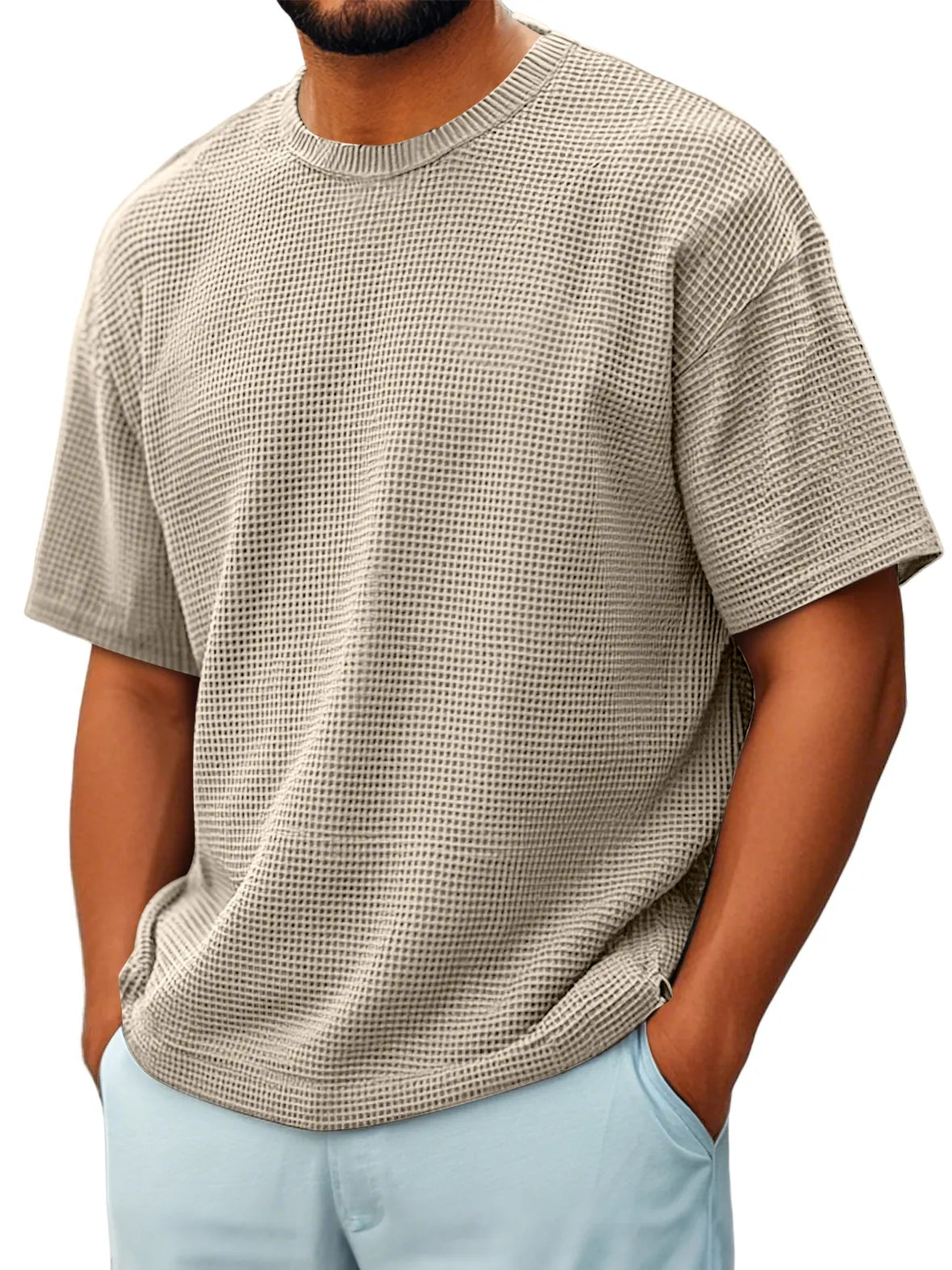 Men's Round Neck Waffle Casual Short-sleeved T-shir