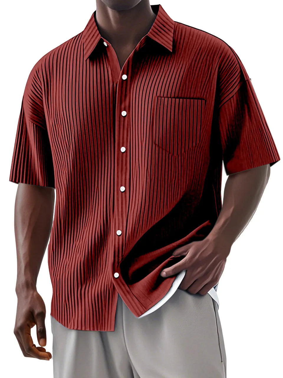Men's Daily Casual And Comfortable Vertical Striped Solid Color Lapel Short-sleeved Shirt