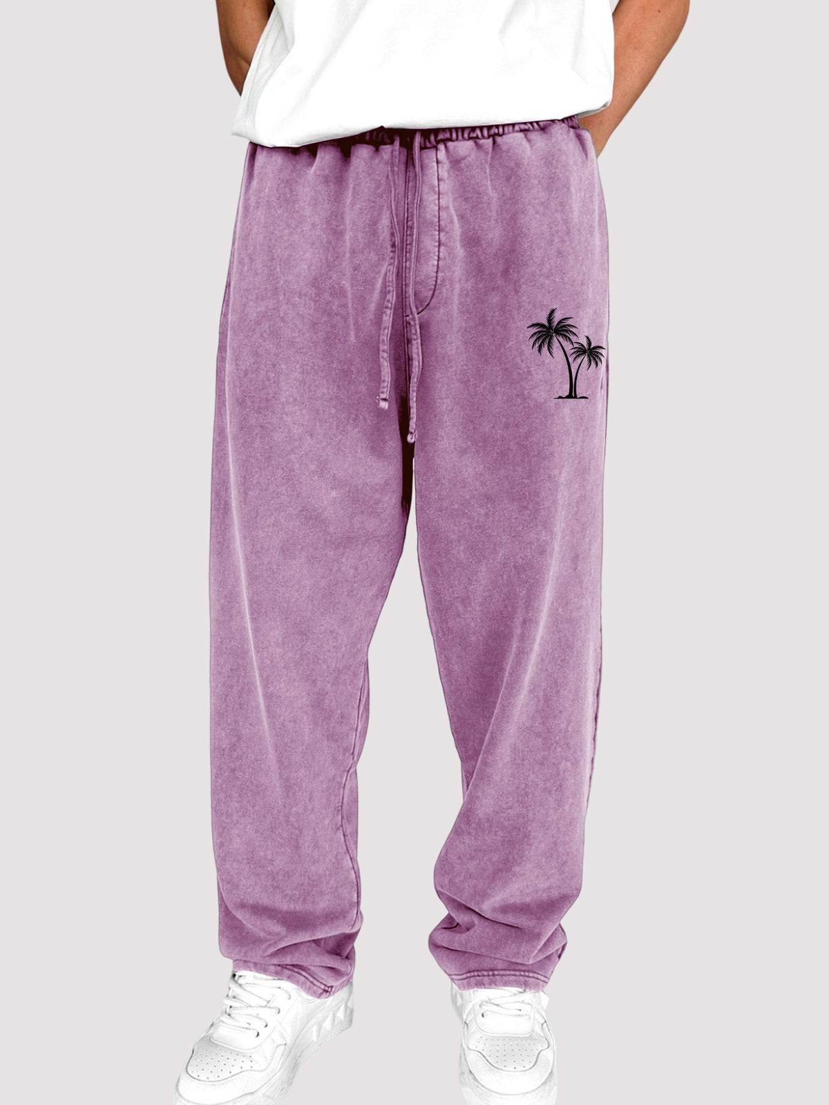 Men's Dyed Vintage Coconut Tree Printed Holiday Casual Elastic Waist Drawstring Trousers