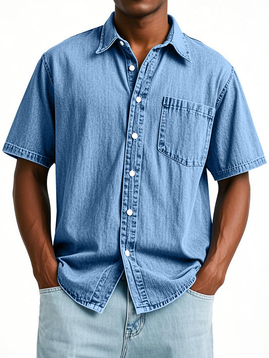 Men's Casual Solid Color Vintage Pocket Short Sleeve Button-down Shirt
