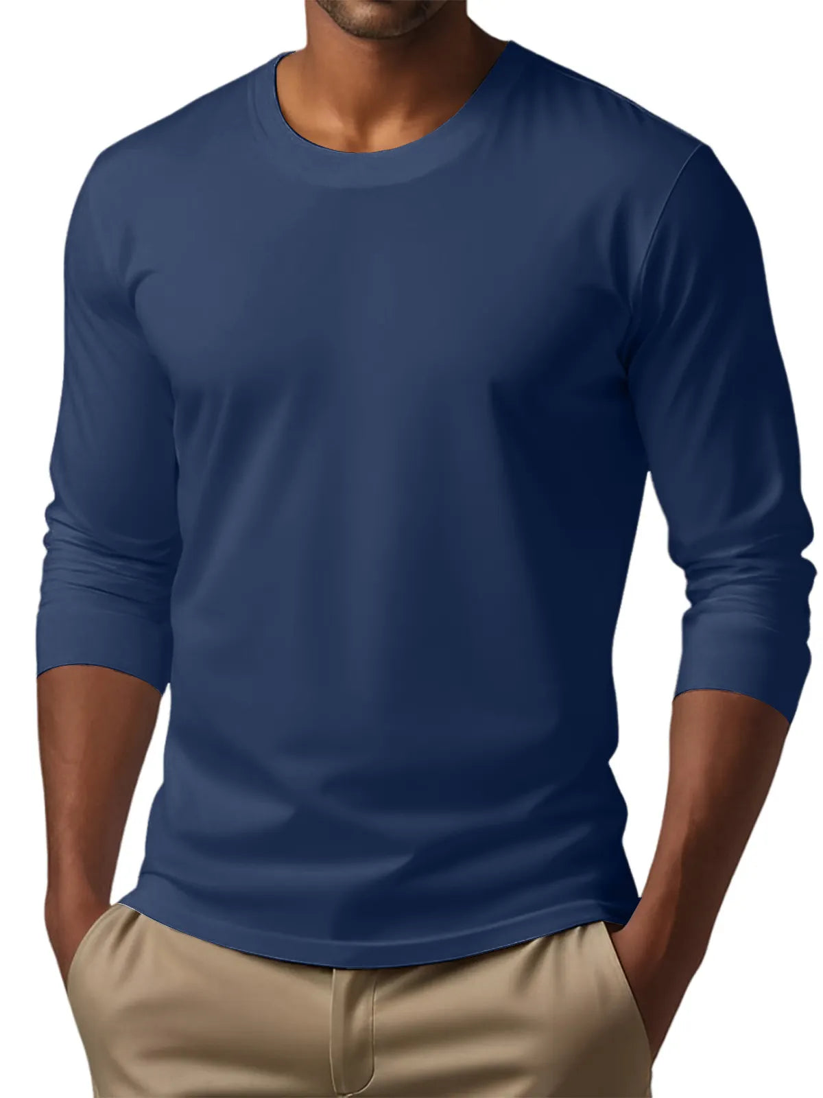 Men's Casual Round Neck Solid Color Comfortable Long Sleeve T-Shirt