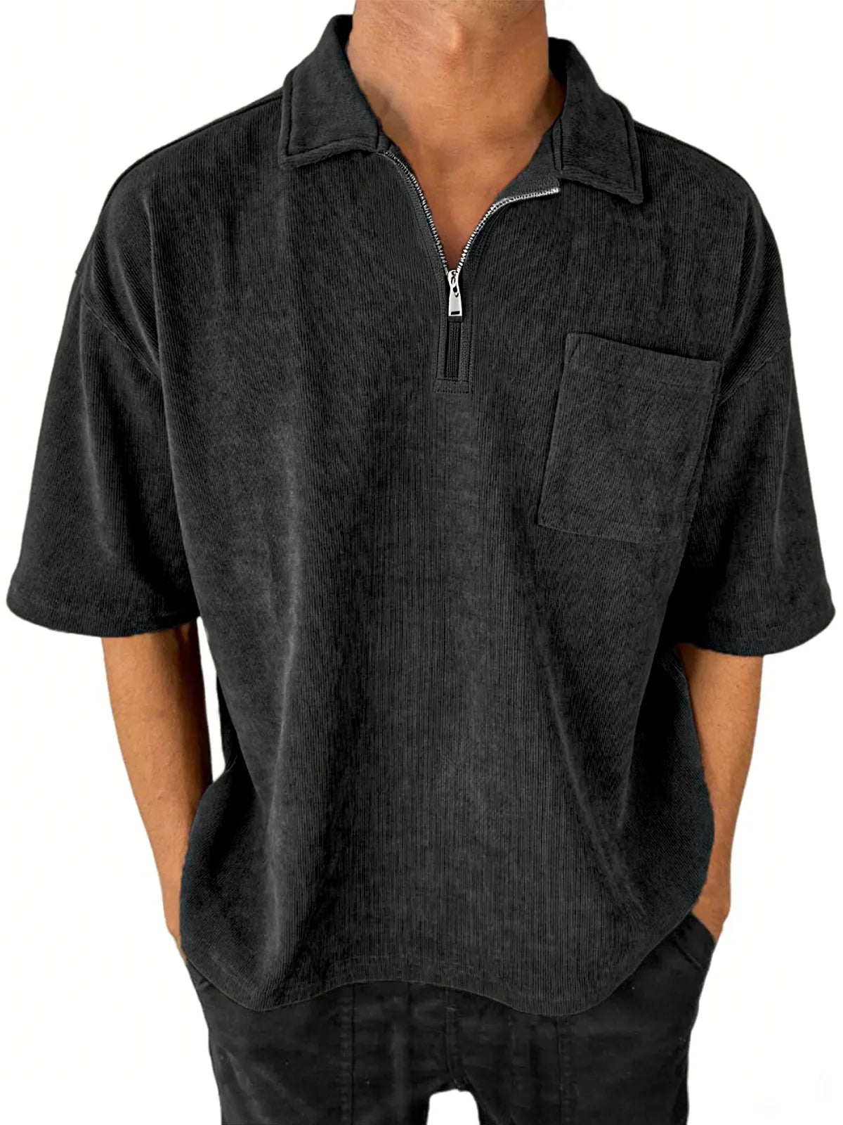 Men's Stylish Ribbed Quarter-Zip Lapel Corduroy Casual POLO Shirt With Chest Pocket
