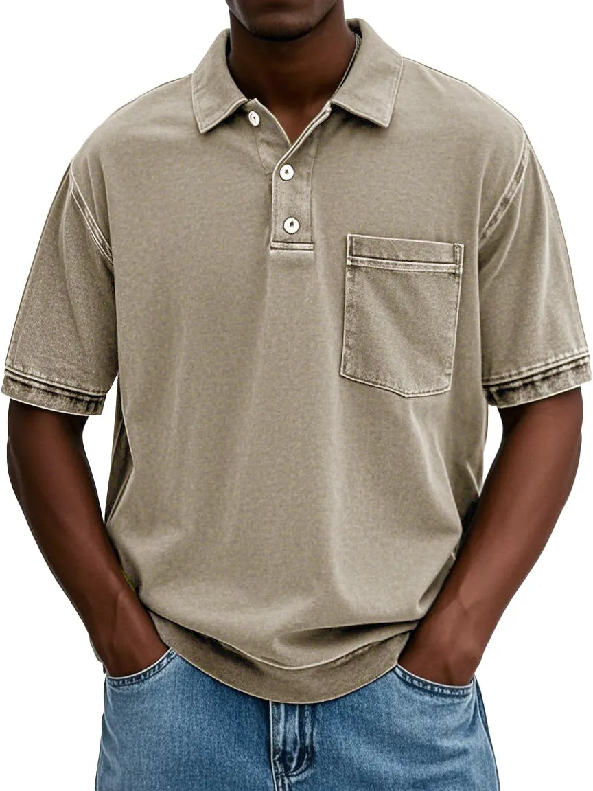 Men's Retro Distressed Lapel Short-sleeved Pocket Polo Shirt