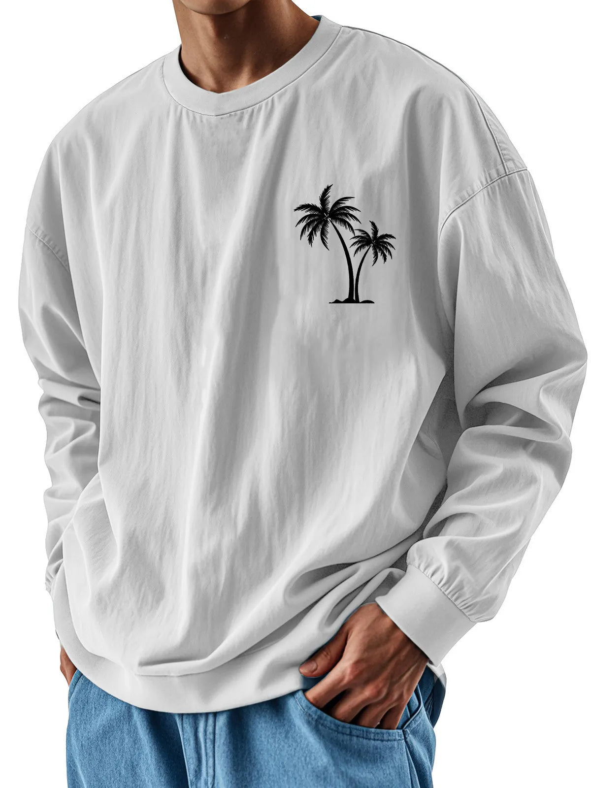 Men's Fashion Casual Round Neck Coconut Tree Print Long Sleeve T-shirt