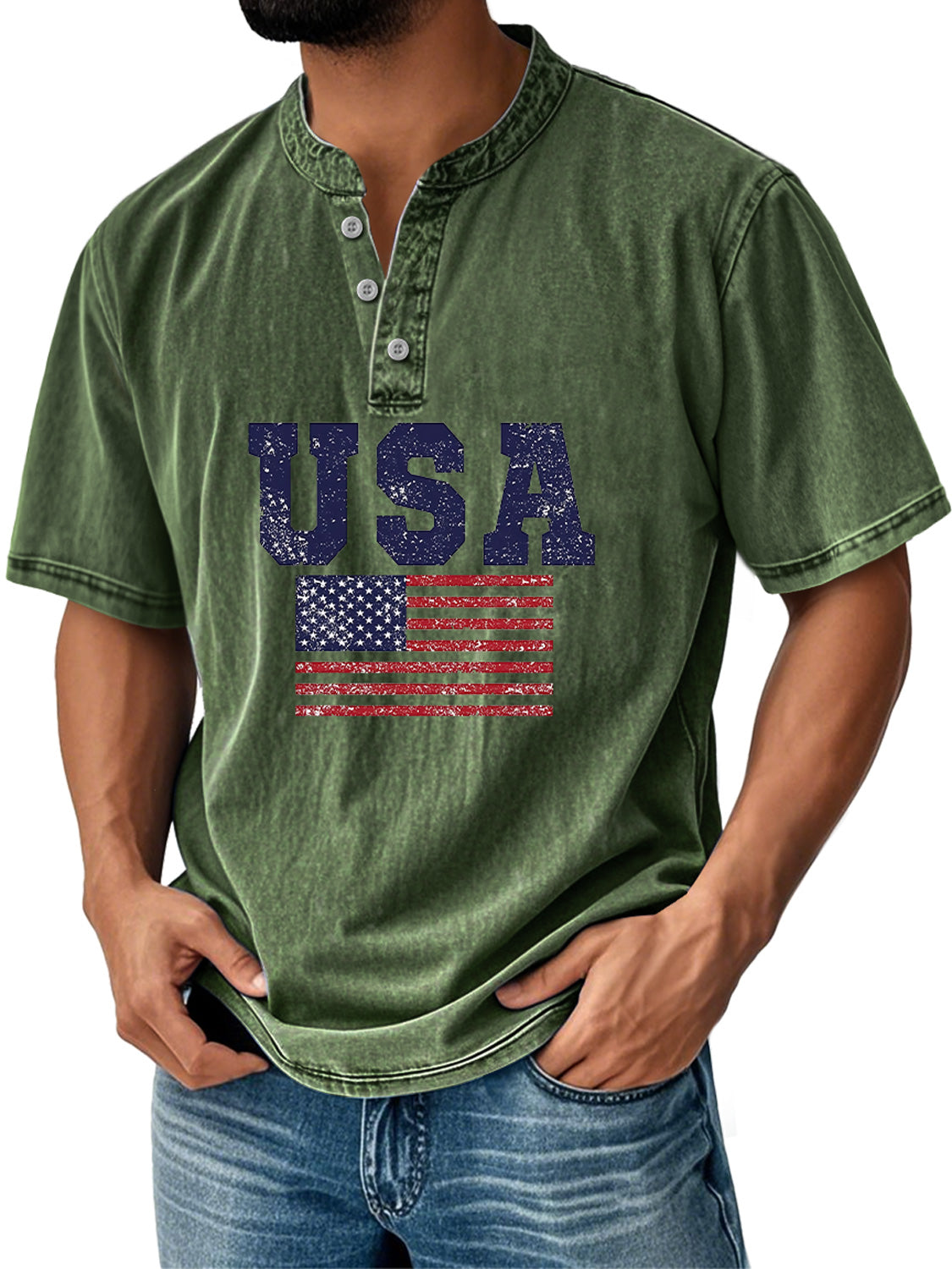Men's Everyday Independence Day Flag Print Casual Stand Collar Short Sleeve Henley Shirt